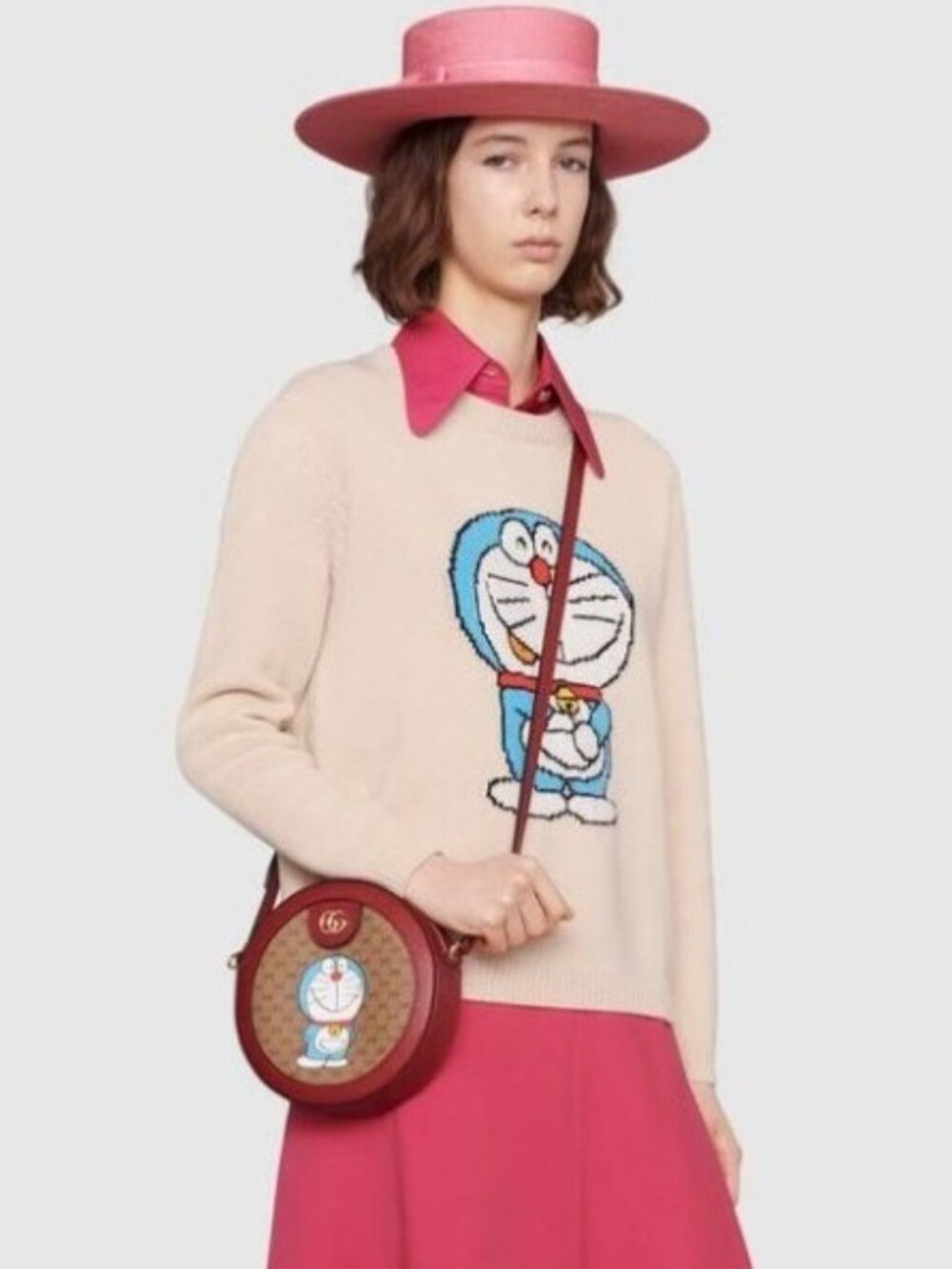 Pre-owned Gucci Doraemon X Ophidia Micro GG Supreme Round Crossbody Bag Burgundy - Picture 15 of 16